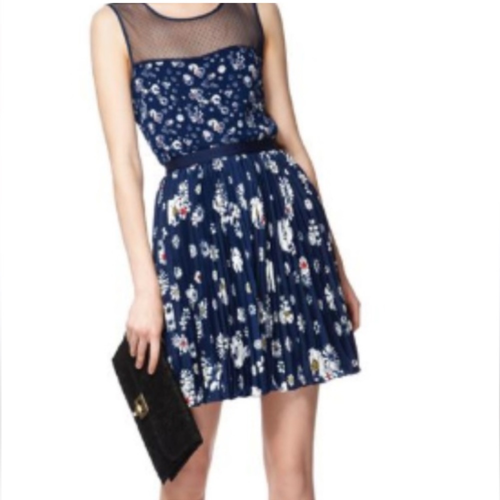 Jason Wu Navy Floral Pleated Skirt and mesh sleeves top